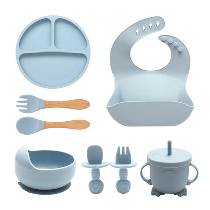 8-Piece Food Grade Silicone Baby Feeding Set – Bib, Suction Plate & Bowl, Training Cup, Spoon and Fork