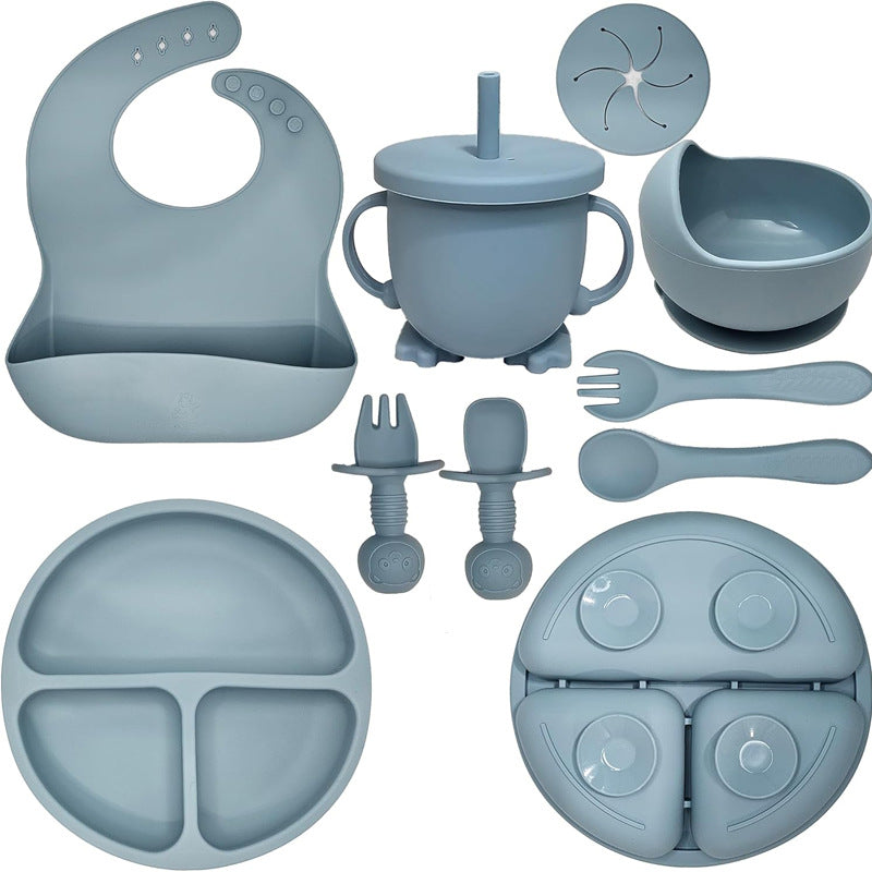 8-Piece Food Grade Silicone Baby Feeding Set – Bib, Suction Plate & Bowl, Training Cup, Spoon and Fork